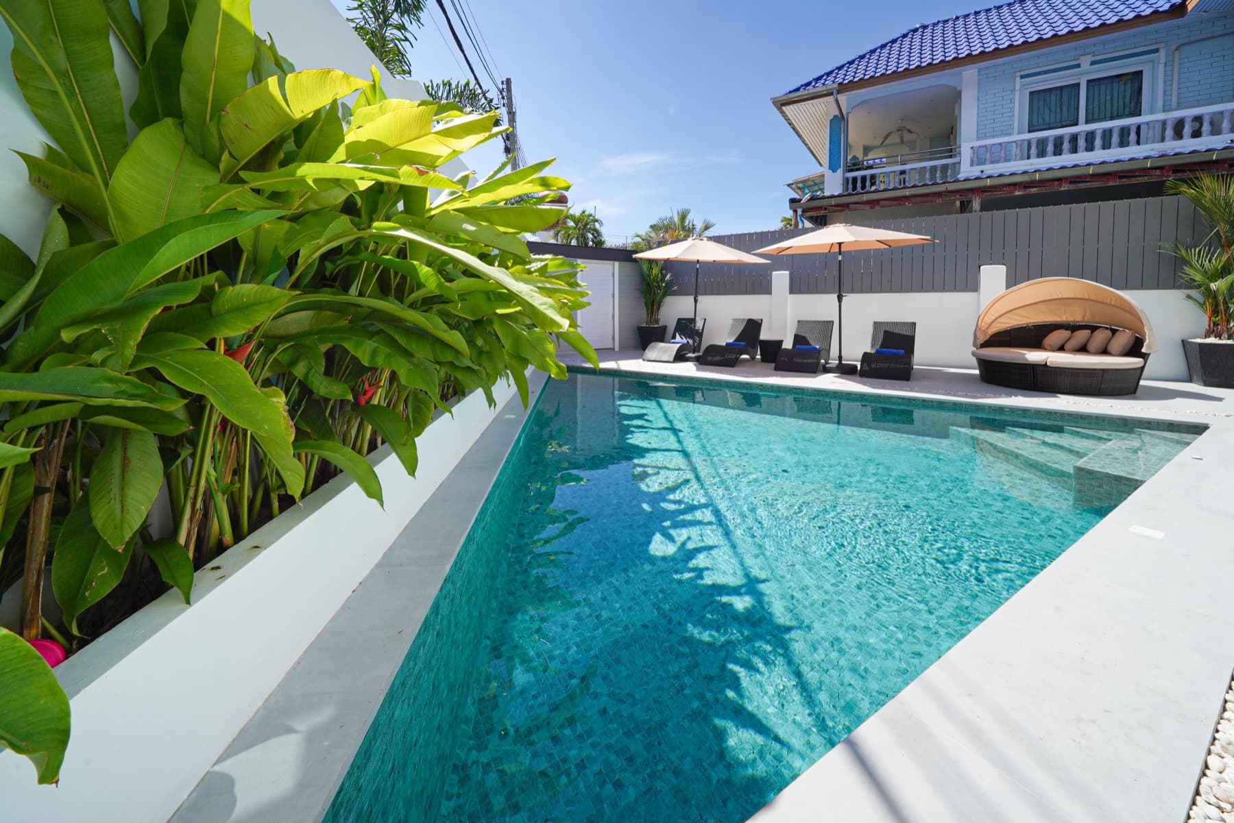 A triangle saltwater pool, bigger than it looks in photos.