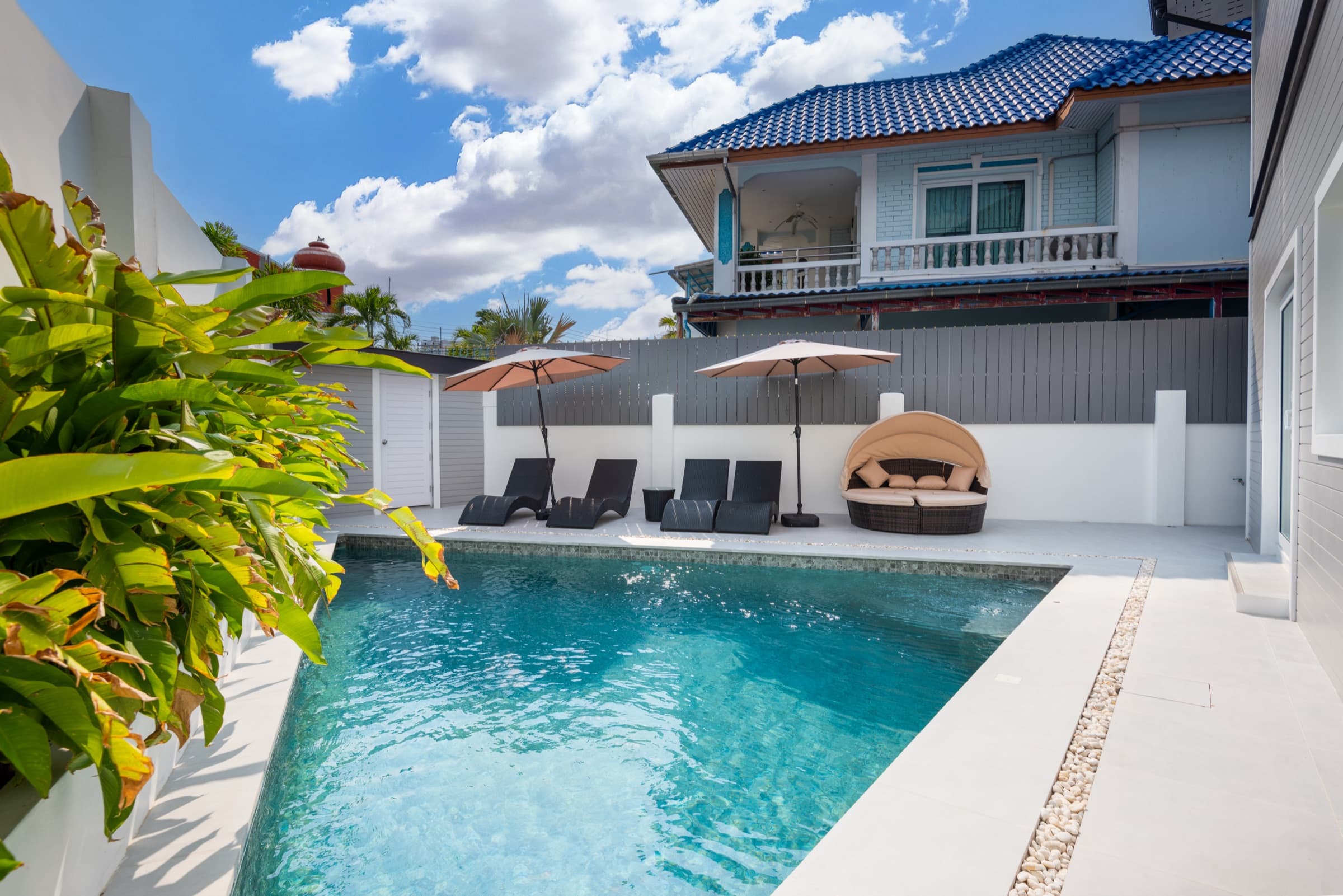 Private walled saltwater pool at Villa Azure in Jomtien, Pattaya — the group alternative to a flat