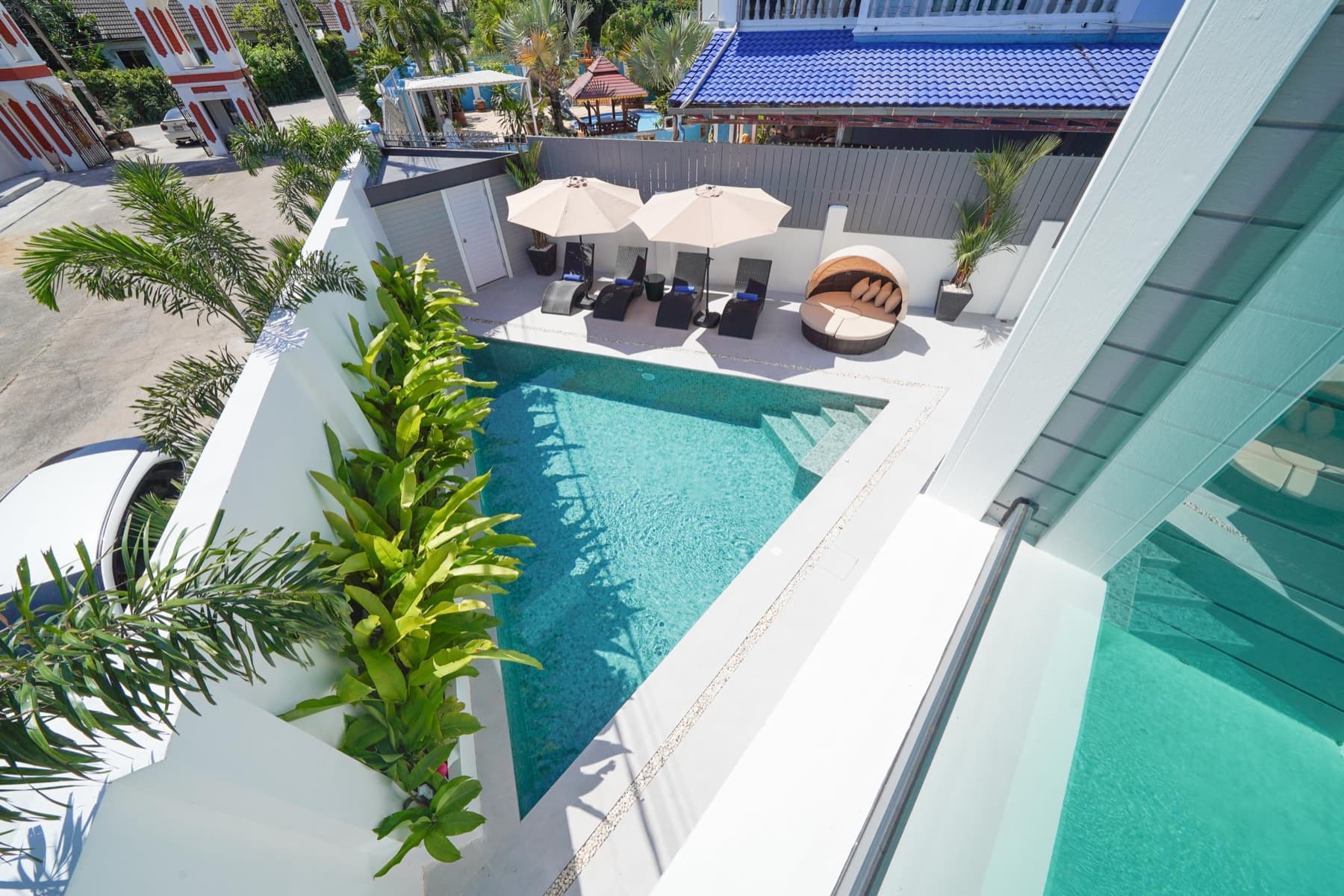 Aerial view of Villa Azure Cerulean pool — a private pool villa base for exploring the best beaches near Jomtien, Pattaya.
