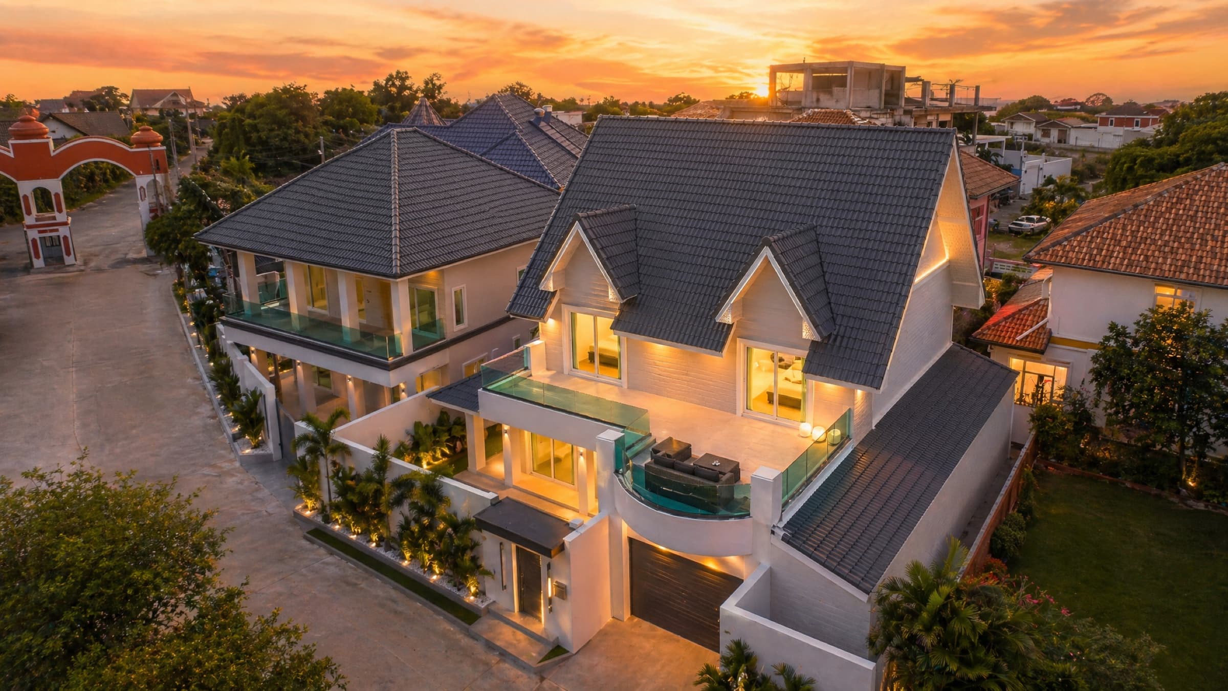 Aerial twilight view of Villa Azure’s walled private pool villa in Jomtien, Pattaya — the fully private alternative to a resort pool villa.
