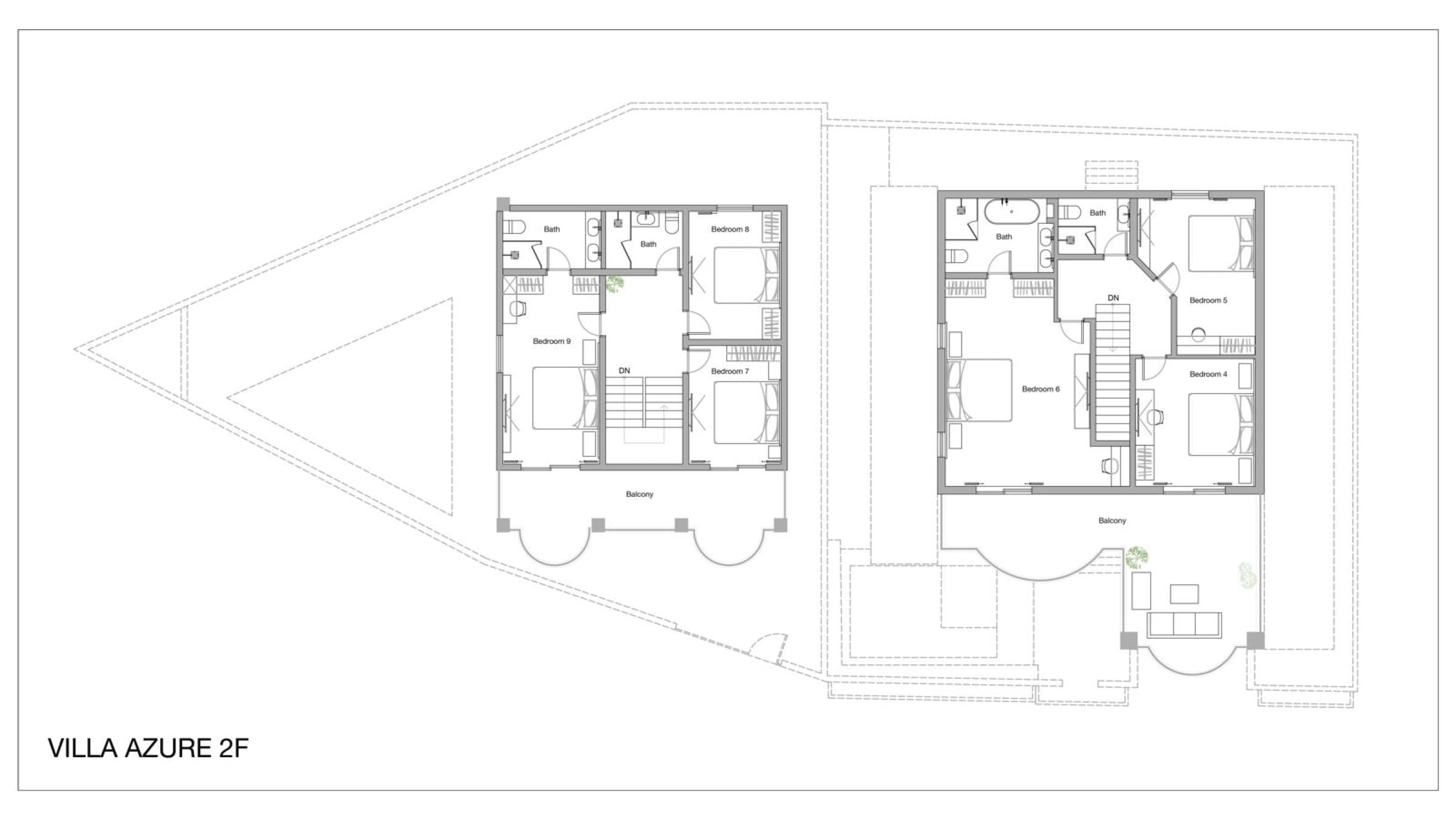 The Compound — level 2 floor plan. Both wings, upper floor.