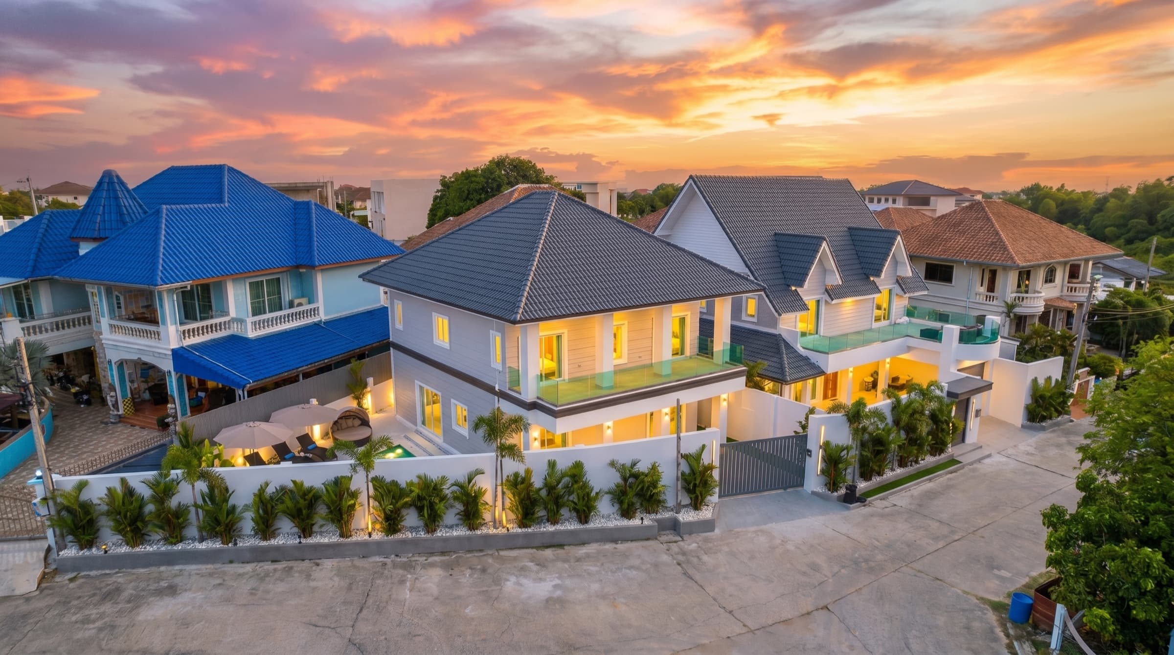 Villa Azure compound from above in Jomtien — a private base for exploring Pattaya without the street noise.
